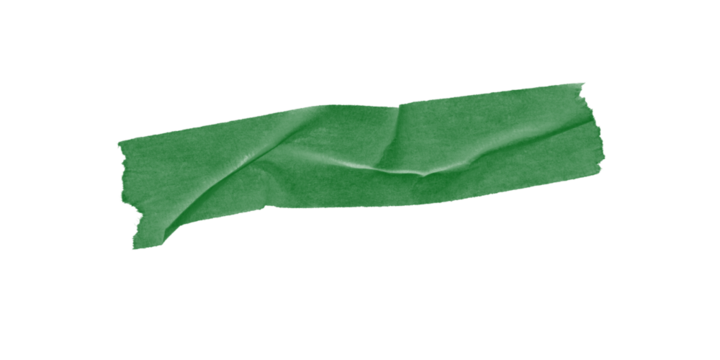 Folded green duct tape strip isolated on transparent background – wrinkled sticky piece for collage art, handmade craft visuals, DIY elements, and textured graphic compositions.
