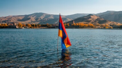 Flag Armenia submerged in pristine Lake Sevan waters with autumn reflections and mountain landscape backdrop