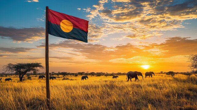 Flag Burkina Faso overlooking elephant family grazing in golden grassland savanna - Powered by Adobe