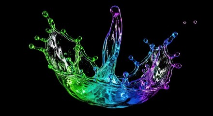 An abstract colorful water splash floating on solid black background