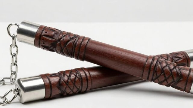 Dark Nunchaku Resting on Minimal White Surface