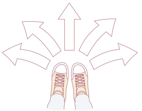 The illustration shows shoes with arrows pointing in various directions, symbolizing lifes many choices