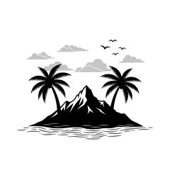 Palm trees frame a mountain island under a cloudy sky, creating a tranquil tropical landscape