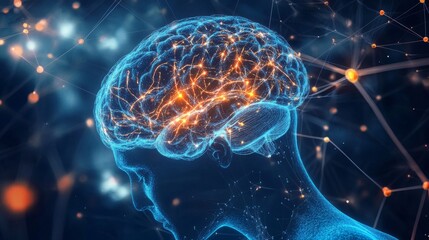 Digital illustration of a human brain with glowing neural pathways representing mental complexity and cognitive activity