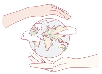 An illustration depicting hands protecting a globe, symbolizing environmental stewardship and global unity.