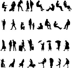 Premium collection of modern people silhouettes in dynamic everyday activities like walking, sitting, traveling, and photographing. Ideal for architectural plans, urban design, wayfinding graphics.