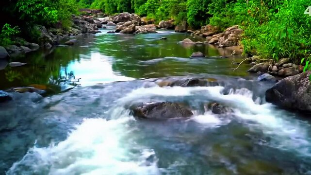 Aliran sungai pegunungan tropis, air cepat melewati jeram kecil, refleksi pepohonan, Realistis, 3D look (cinematic), Statis (kamera diam), Smooth (gerakan tidak tersendat), 4K resolusi, Loopable seaml