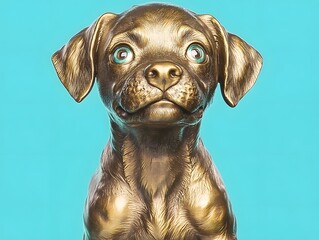 Adorable Golden Puppy Statue Turquoise Background