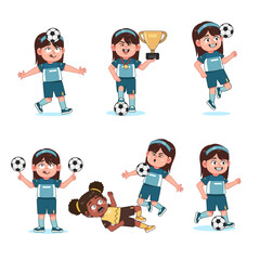 Cute Girl Long Hair Character Playing Football Set