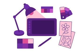 Creative workspace with digital tablet and desk lamp vector illustration in purple hue for design inspiration