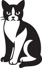 Sitting cat black and white silhouette calm posture, Elegant pet design in vector style