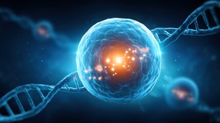 Individualized genomic medicine concept. A glowing blue cell with a bright nucleus is shown surrounded by DNA strands, illustrating cellular biology and genetic material interaction.