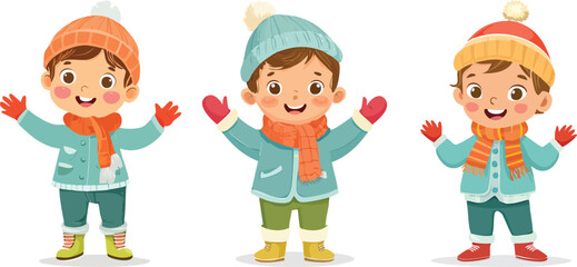 A Set of three cartoon toddlers in winter outfits, wearing hats, scarves, and gloves, standing and waving