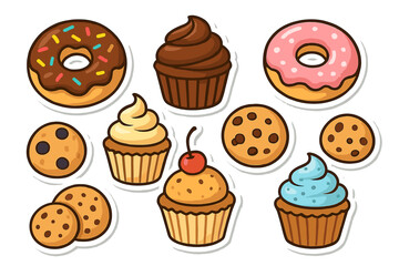 Delicious dessert vector illustration: cupcakes, donuts, and cookies in a colorful cartoon style for design projects