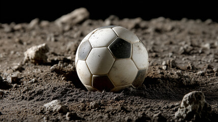 Soccer ball on lunar surface with rocks and craters