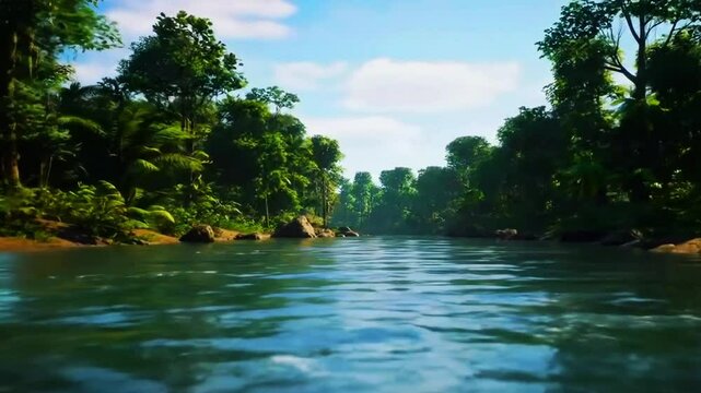Sungai subur di hutan hujan dataran rendah, air berkilau, awan putih tipis bergerak lembut, Realistis, 3D look (cinematic), Statis (kamera diam), Smooth (gerakan tidak tersendat), 4K resolusi, Loopabl
