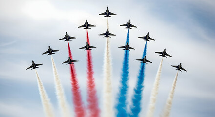 Patriotic Aerial Display for Bastille Day: French Jets Soaring with Red, White, and Blue Smoke Trails