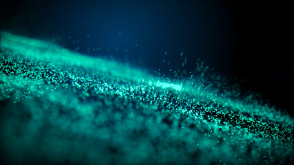 A mesmerizing abstract background featuring a swirling cloud of glowing teal particles against a deep, dark green backdrop, evoking a sense of digital technology, space, or energy.