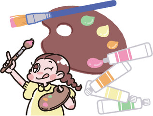 絵の具とパレットと筆と女の子のイラスト