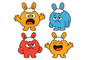 Cute bunny characters with emotions vector illustration for cartoon design