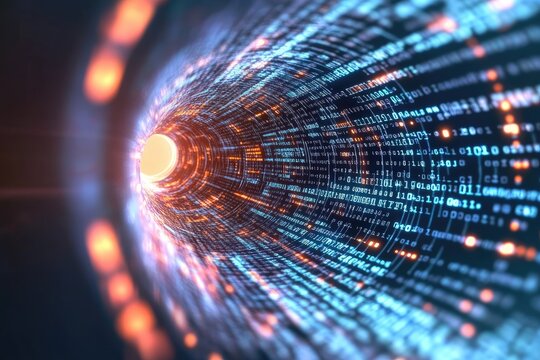 Futuristic Digital Tunnel: Data Stream of Binary Code, Glowing Light, Abstract Concept.