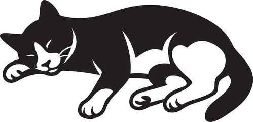 Sleeping cat silhouette black and white art, Peaceful kitten resting illustration vector