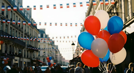 Vibrant Bastille Day Celebration on a Parisian Street with Red, White, and Blue Balloons