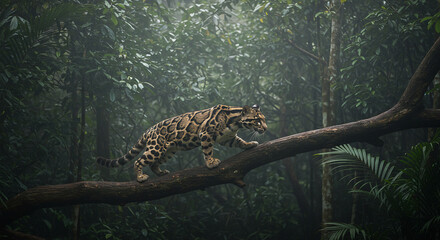 Clouded leopard walking and leaping on tree branches in the jungle.