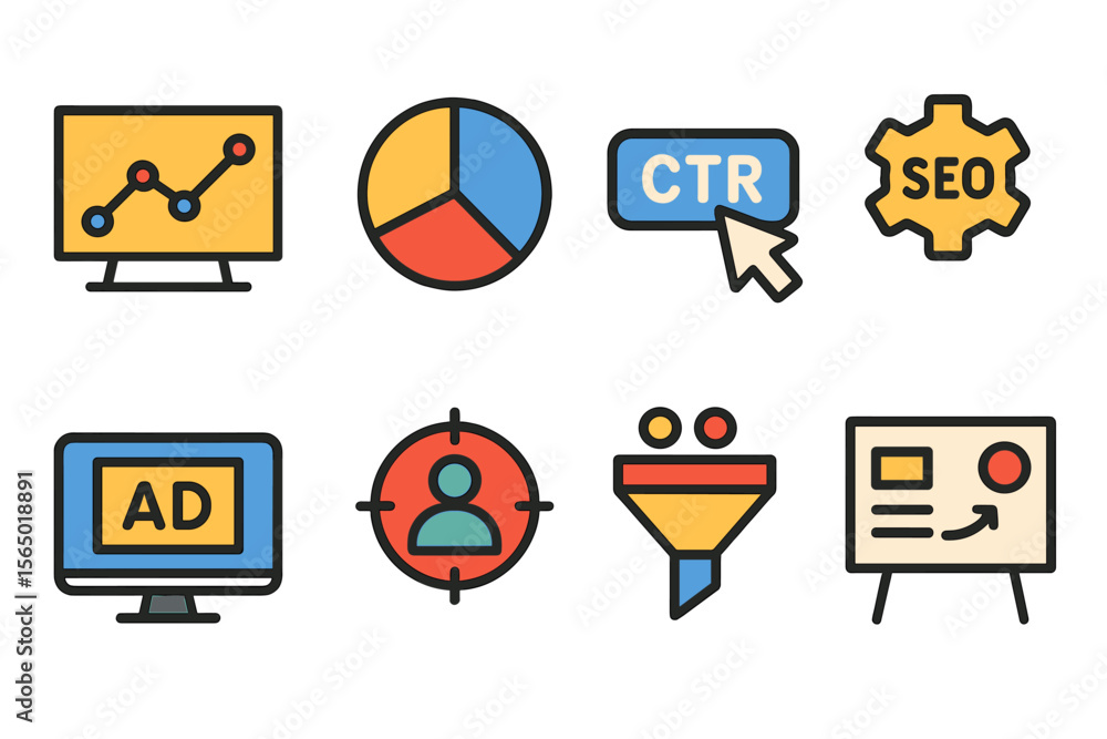 Aufkleber digital marketing vector illustration with analytics and seo icons for design and print projects