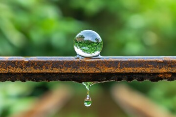 Crystal Ball Reflection: Verdant Landscape Captured in a Water Droplet on Rusty Metal