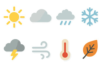 Obraz premium Weather icons vector illustration for design: sun, cloud, rain, snow, lightning, wind, thermometer, leaf