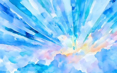 Abstract Watercolor Sun Rays Sky Clouds Background