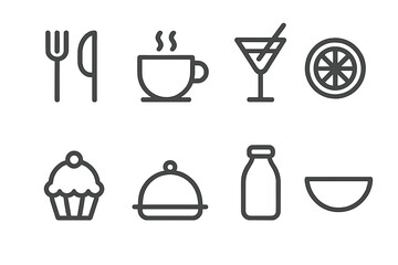 Monochrome vector illustration of food and drink icons: cup, cocktail, cutlery, fruit slice for digital design