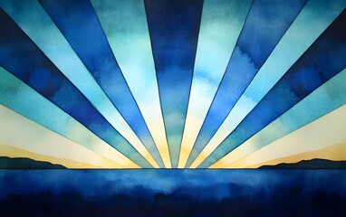 Watercolor Sunset Rays Ocean Sunrise Art
