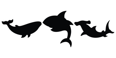 Sea Animal Silhouette Vector Set. Whale, Shark, and Hammerhead Clipart.