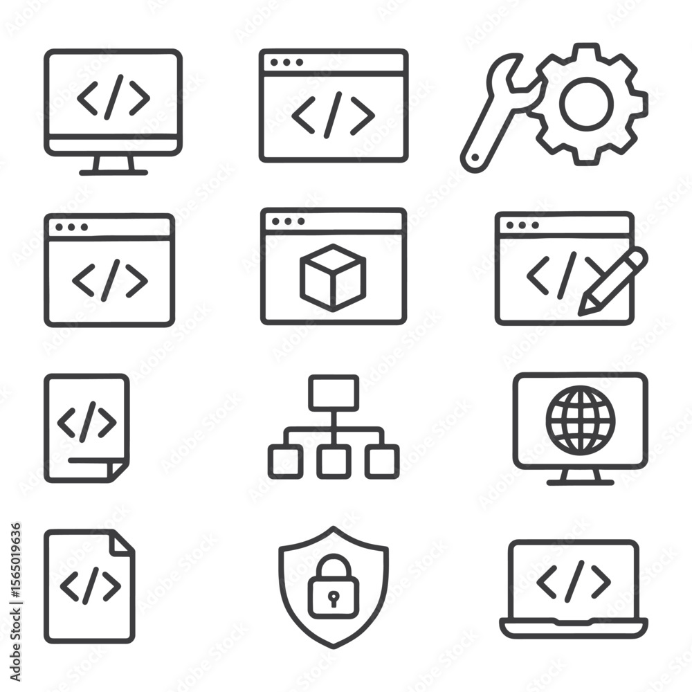 Fototapete web development line icon set – vector coding, design & security symbols
