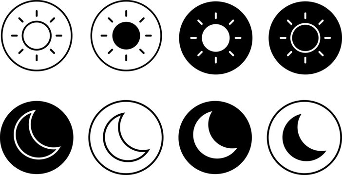Sun and moon icons set. dark and light mode icons. Screen brightness and contrast level signs. Day and Night icon symbol
