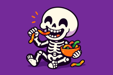 Playful skeleton eating candy worms vector illustration for halloween design