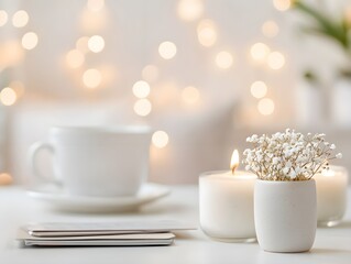 Minimalist White Cup and Candle on Table