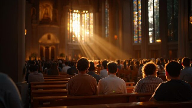 Inside view of a church during mass, with people seated in rows as sunlight streams through stained glass windows, creating a solemn and spiritual atmosphere.