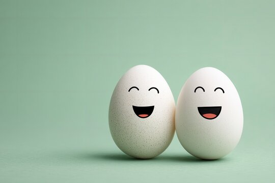 Two eggs with smiling faces stand close together on a green surface