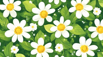 Vibrant White Daisies Green Leaves Floral Pattern