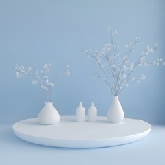 White Vases Flowers Minimalist Blue Background Product Display