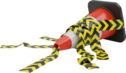A red and white traffic cone lies horizontally wrapped and entangled with black and yellow caution tape