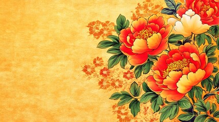 Golden Peonies Asian Floral Art Painting
