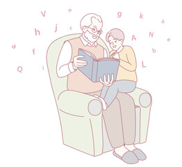 A heartwarming scene depicting a grandfather lovingly sharing an engaging story with his cherished grandchild