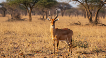 Fototapeta premium Wild impalas standing alert in the African savanna, natural wildlife setting during daylight.