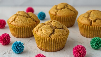 Three delightful yellow chocolate muffins with colorful pom poms
