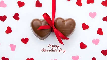 Heart shaped chocolate candies with red ribbon and heart confetti for happy chocolate day celebration