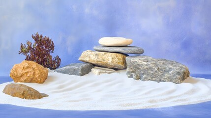 Zen Garden Stones Stacked on Sand with Plant